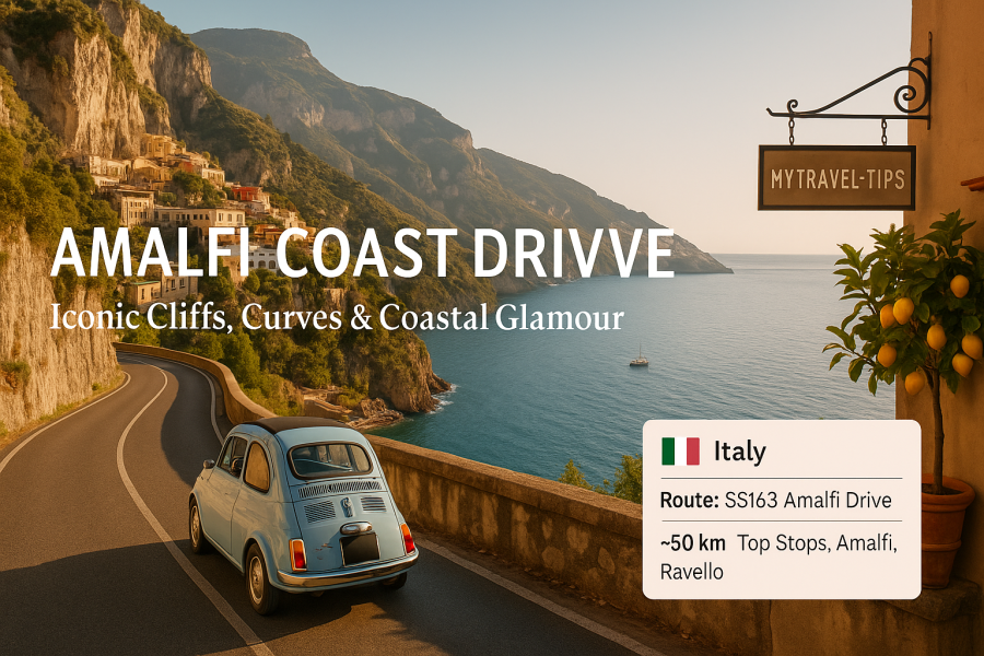 Amalfi Coast Drive, Italy The Amalfi Coast Road clings to cliffs with effortless Italian drama — a road trip filled with color, curves, and sea-swept emotion – Source: MyTravel-Tips