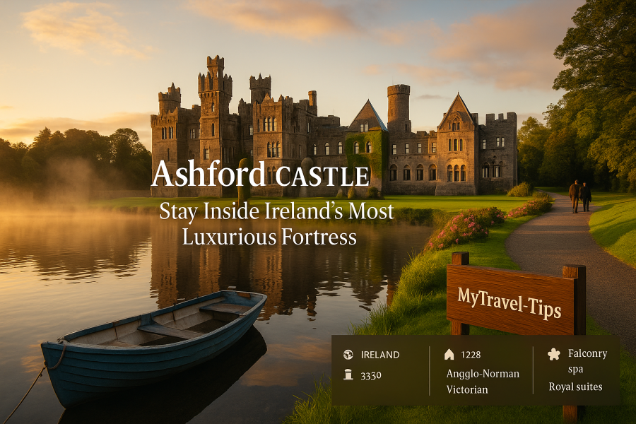 Ashford Castle, Ireland Ashford Castle at golden hour, reflecting centuries of royal Irish heritage on the tranquil shores of Lough Corrib – Source: MyTravel-Tips, 2025