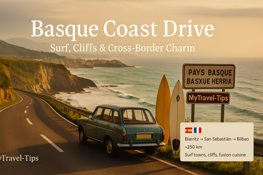 Basque Coast Drive, Spain & France Basque Coast Drive road with cliffs, surfboards, scenic Atlantic coast, French and Spanish towns, and MyTravel-Tips branding on sign or van
