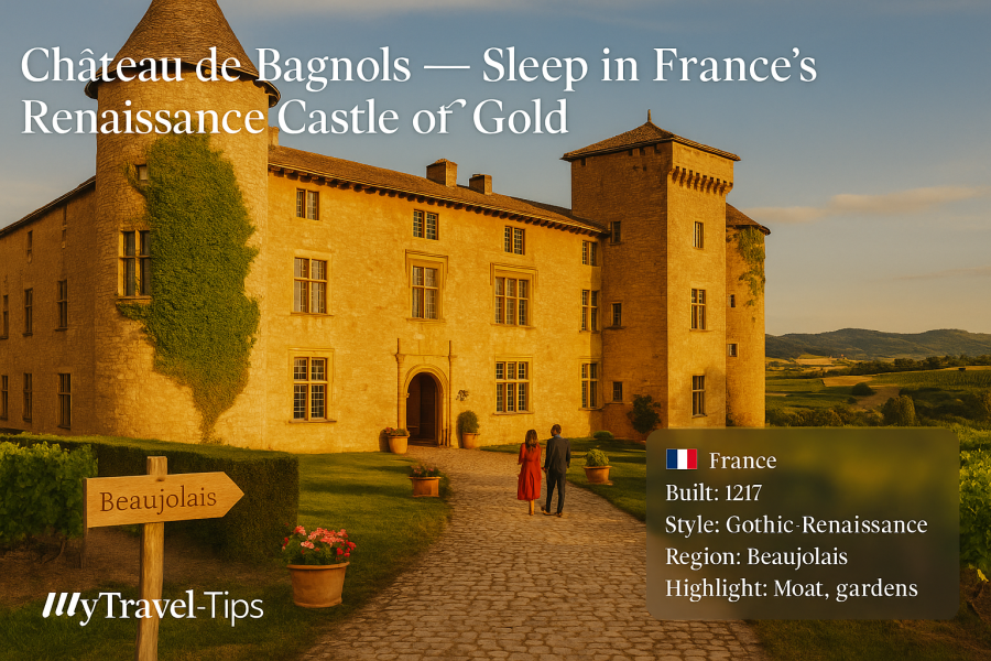 Château de Bagnols, France Château de Bagnols glows in the Beaujolais sun, where golden stone, Renaissance history, and royal French charm meet – Source: MyTravel-Tips, 2025