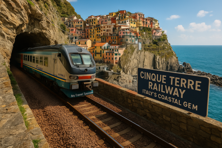 Cinque Terre Railway – Italy A Trenitalia train cuts along the cliffs of Cinque Terre, with colorful houses and the Ligurian Sea as its backdrop