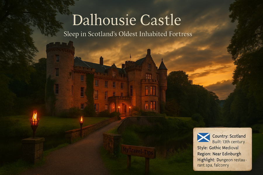 Dalhousie Castle, Scotland Dalhousie Castle rests like a sentinel of Scottish legend — home of Clan Ramsay, now a gothic luxury stay steeped in mystery and medieval charm – Source: MyTravel-Tips