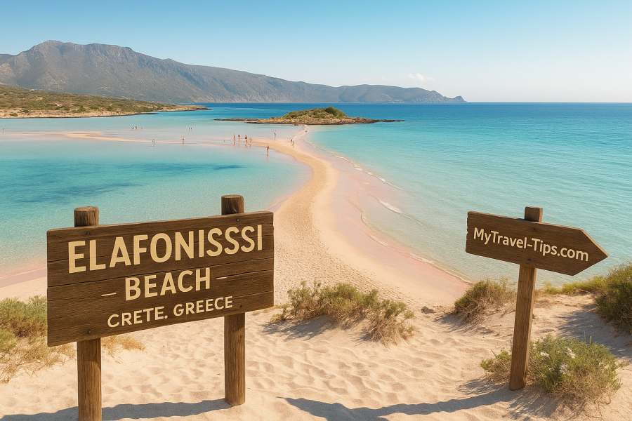 Elafonissi Beach, Crete, Greece Aerial view of Elafonissi Beach in Crete showing pink sandbars, clear lagoons, walking trails, and branded beach signage for MyTravel-Tips.com.
