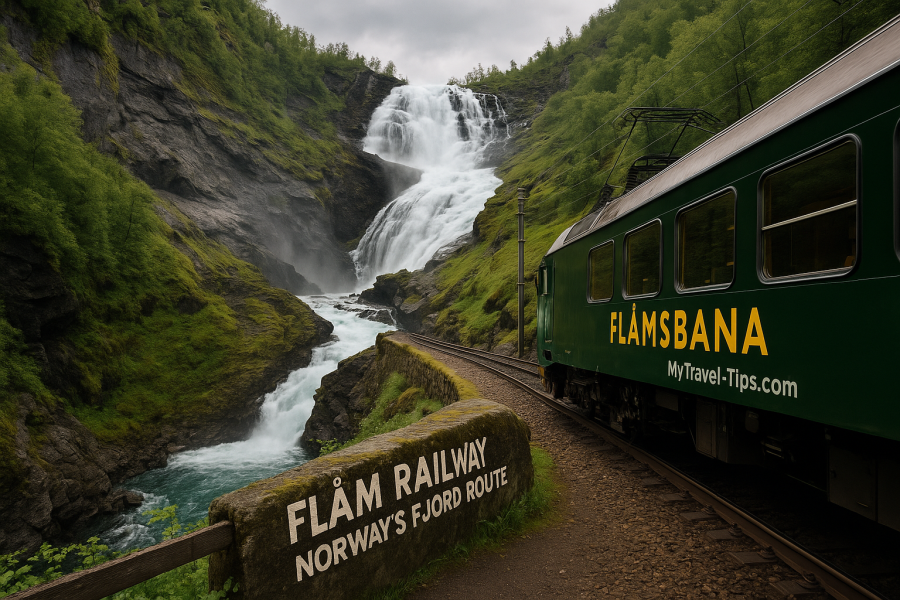 Flåm Railway – Norway The Flåm Railway winds past Kjosfossen waterfall, climbing steeply through Norway’s wild fjordlands