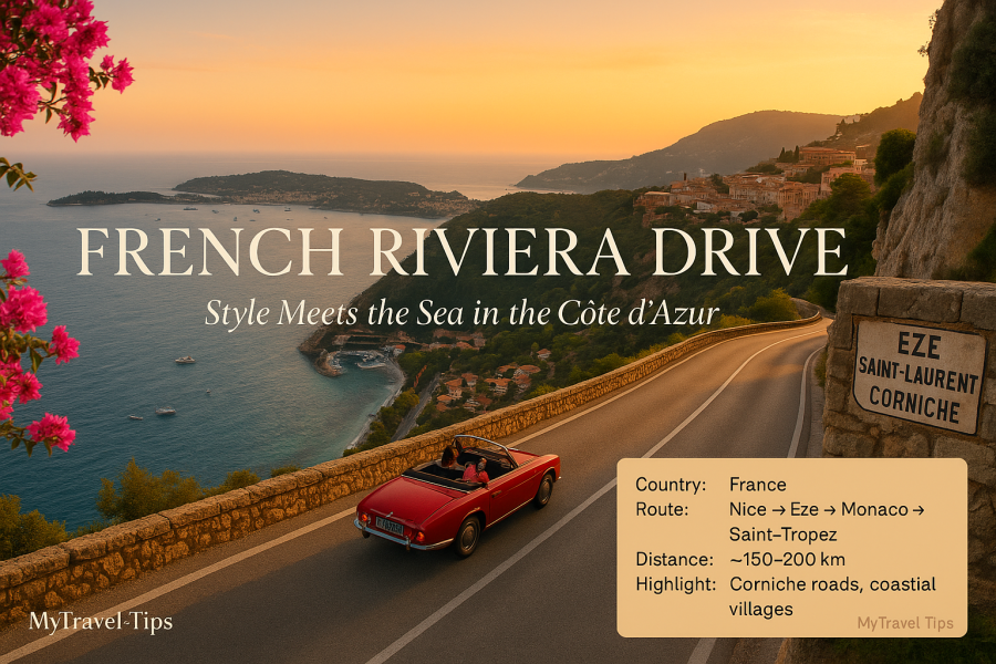 French Riviera Coastal Drive, France The French Riviera drive is where winding roads meet timeless style — with cliffs, couture, and a sea that always sparkles – Source: MyTravel-Tips, 2025