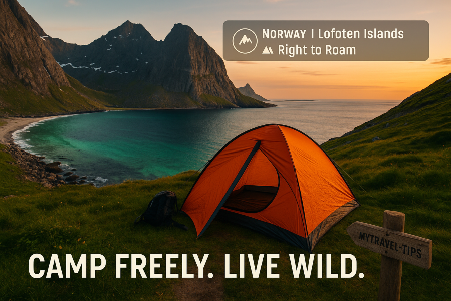 Lofoten Islands Wild Spots, Norway Wild camping on a grassy bluff in Norway’s Lofoten Islands — fully legal and unforgettable under the Right to Roam law