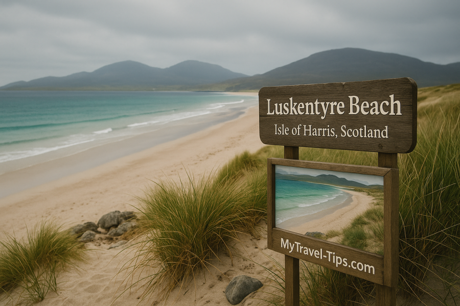 Luskentyre Beach, Isle of Harris, Scotland A wide-angle view of Luskentyre Beach in Scotland with white sand, teal water, distant mountains, and branded travel signage for MyTravel-Tips.com.