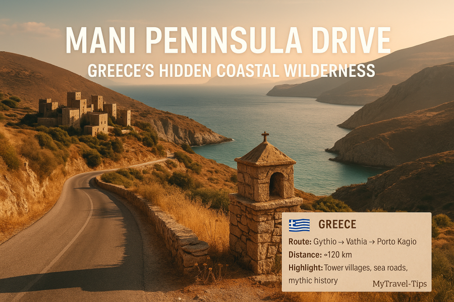 Mani Peninsula Drive, Greece The Mani Peninsula is Greece’s most poetic drive — where ancient towers meet sea cliffs and every bend feels older than time – Source: MyTravel-Tips, 2025