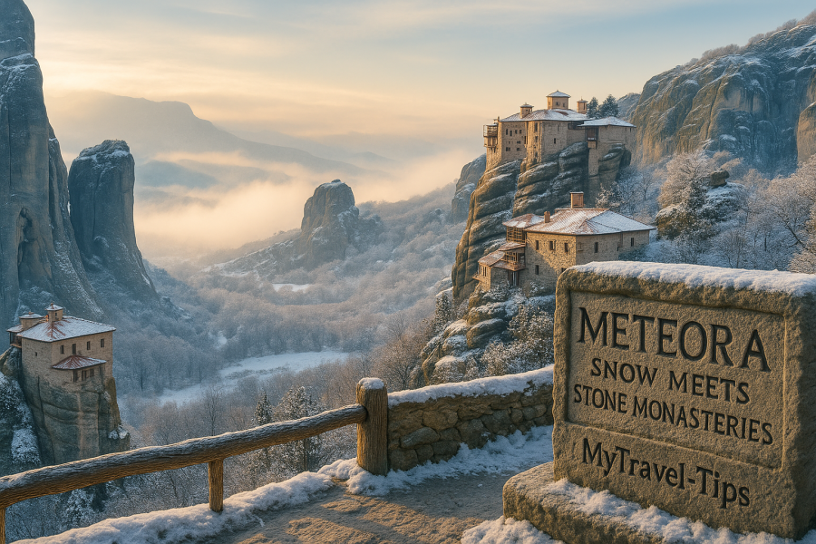 Meteora, Greece – Snow Meets Stone Monasteries Meteora in winter is where silence rises with the snow — stone monasteries above the clouds and centuries echoing across cliffs. – MyTravel-Tips, 2025