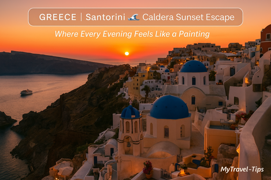 Santorini, Greece Santorini’s sunset glow over the caldera — the quintessential Greek island view of whitewashed elegance and volcanic drama
