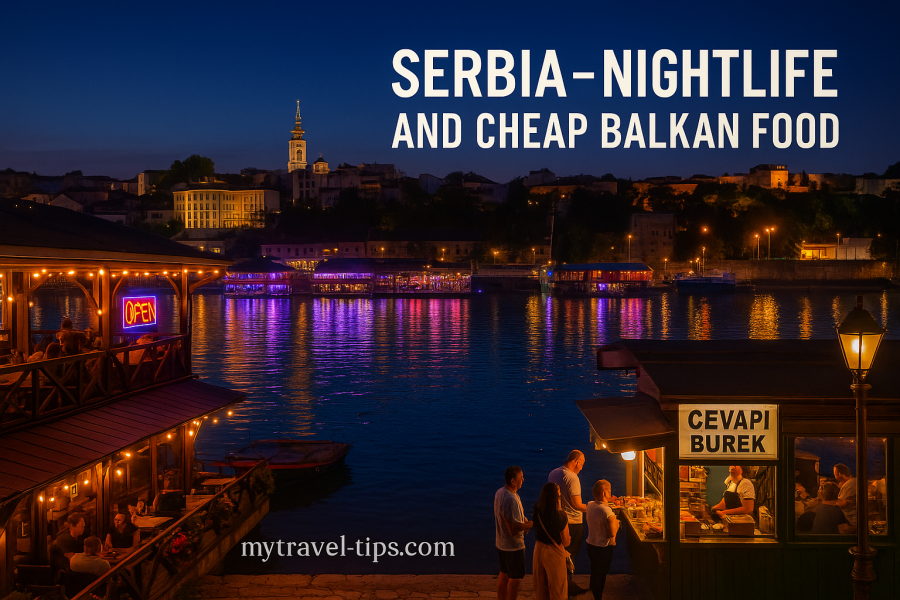 Serbia – Nightlife and Cheap Balkan Food Serbia’s riverside nightlife blends music and local food – captured at dusk along the Sava in Belgrade