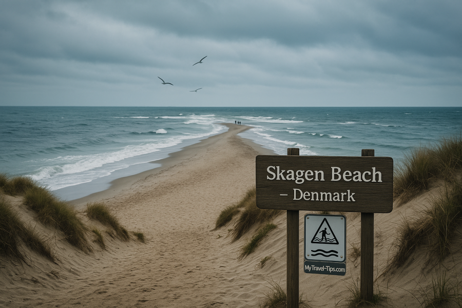Skagen Beach, Denmark A wide view of Skagen Beach, Denmark, where two seas meet, with sand dunes, crashing waves, and realistic travel signage for MyTravel-Tips.com.