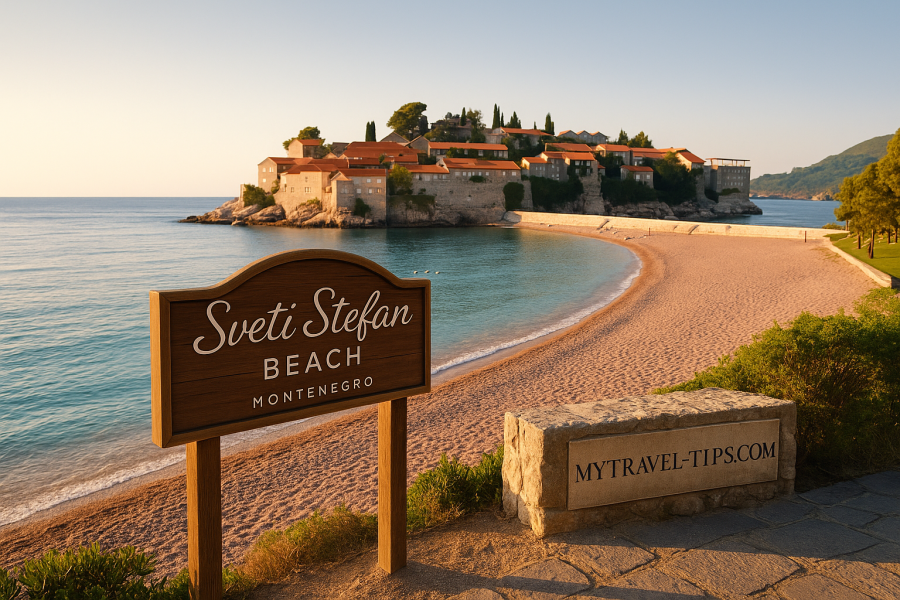 Sveti Stefan Beach, Montenegro Aerial view of Sveti Stefan Beach in Montenegro, with pink pebbles, island villas, turquoise water, and realistic travel signage for MyTravel-Tips.com.