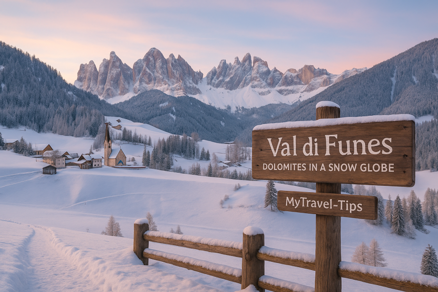 Val di Funes, Italy – Dolomites in a Snow Globe In Val di Funes, the Dolomites become a still-life in snow — pure, poetic, and perfect for slow winter days. – MyTravel-Tips, 2025