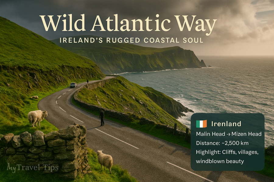 Wild Atlantic Way, Ireland The Wild Atlantic Way is Ireland at its most untamed — where wind, cliffs, and ancient paths guide the soul of every road trip – Source: MyTravel-Tips, 2025