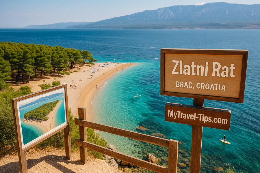 Zlatni Rat (Golden Horn), Brač, Croatia Aerial view of Zlatni Rat Beach in Croatia, showing its iconic V shape, turquoise water on both sides, pine forest, and branded trail signage for MyTravel-Tips.com